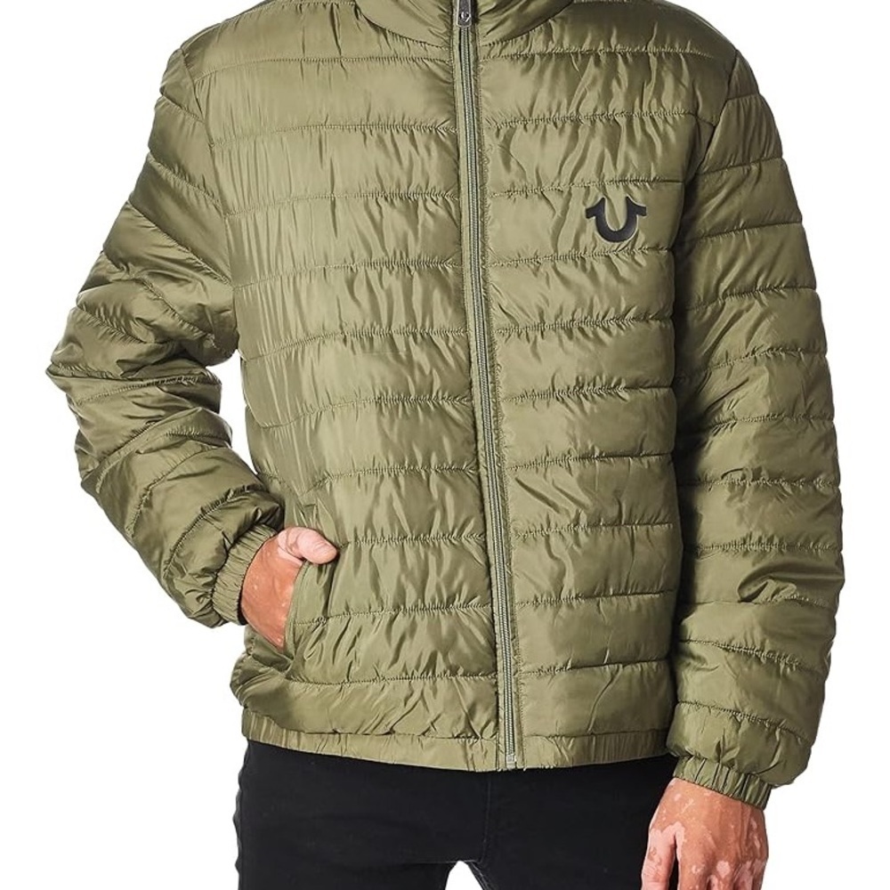 True Religion Olive Puffer Jacket Sz Sm chest measures 41”